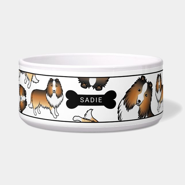 Comedero Sable Personalizado Sheltie Perros Patrón y nombre (Frente)