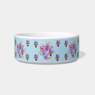 Comedero Shabby Chic Pansy flor Mascota floral Blue Stripe