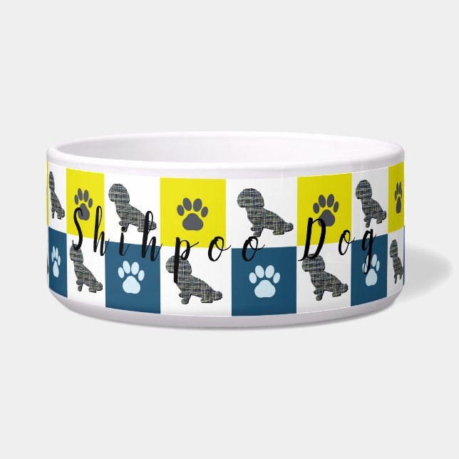 Comedero Shihpoo Dog & Paw Print Yellow Blue Grid Pet Bowl (Frente)