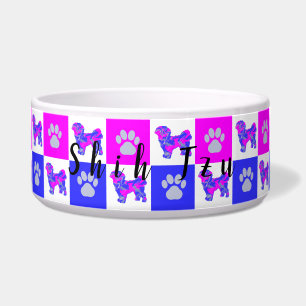 Comedero Silueta de perro Shih Tzu y patas rosa y azul