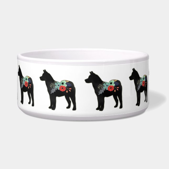 Comedero Silueta floral boho de la raza de perro Akita (Frente)