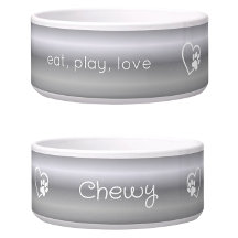 Silver 'eat, play, love' Dog Name Bowl