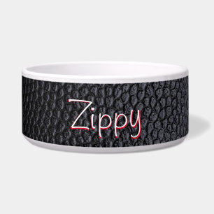 Comedero Simple Black Faux Leather Name Ceramic Pet Bowl