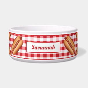 Comedero Snacks de Hot Dog Sobre Gingham Rojo y Texto Perso