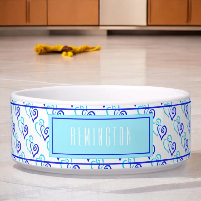 Comedero Sombras azules Dos Personalizados de patrón cardía (front custom pet bowl blue linked heart pattern )
