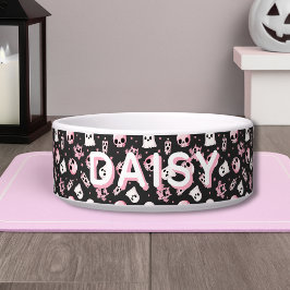 Comedero Spooky Cute Custom Name Pink & Black Halloween Dog