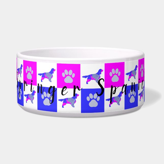 Comedero Springer Spaniel Dog & Paw Print Hot Pink & Blue (Frente)
