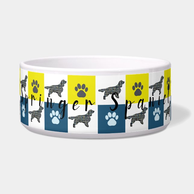 Comedero Springer Spaniel Dog & Paw Yellow & Blue Grid Bowl (Frente)