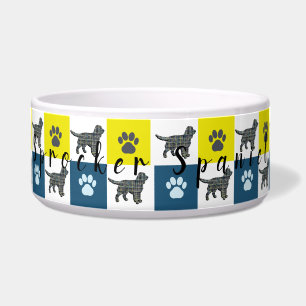 Comedero Sprocker Spaniel Dog & Paw Yellow & Blue Grid Bowl