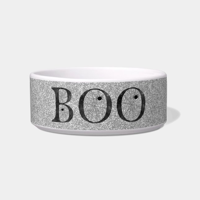 Comedero Stylish Faux Silver Glitter Boo Halloween Dog (Frente)