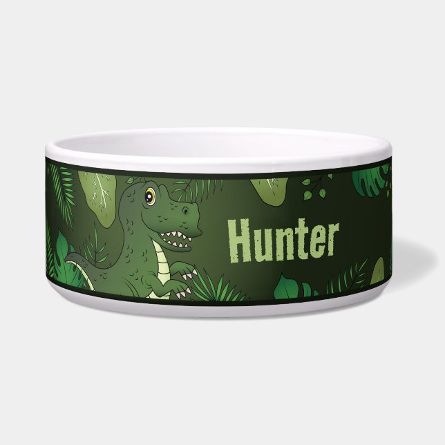 Comedero T-rex Con Plantas Tropicales Verdes Y Nombre Perso (Frente)