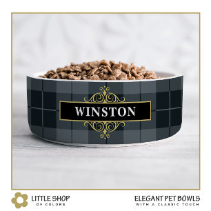 Comedero Tartan Plaid de Oro Negro Personalizado