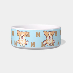 Comedero Taza azul con patrón de monograma de Corgi lindo