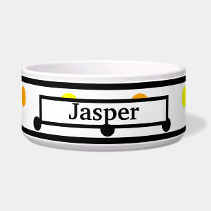 Comedero Tazón con nombre de mascota naranja amarillo negro