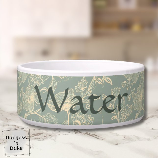 Comedero Tazón de agua para perros - Botánico verde salvia, (Personalized Sage Green Botanical Water Pet Bowl on marble table top)