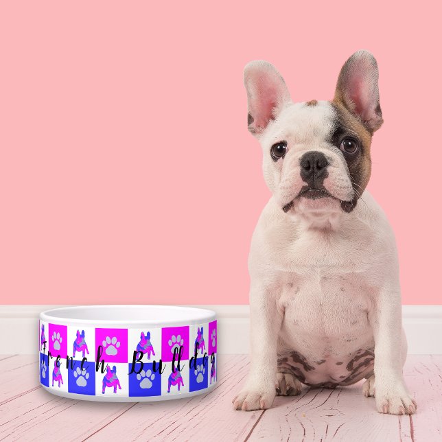 Comedero Tazón de Bulldog francés Perro y Paw Hot Pink & Bl (French Bulldog pink and blue dog bowl)