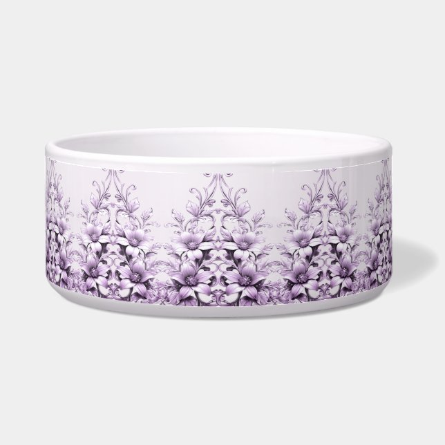 Comedero Tazón de cerámica para mascotas con flores moradas (Frente)