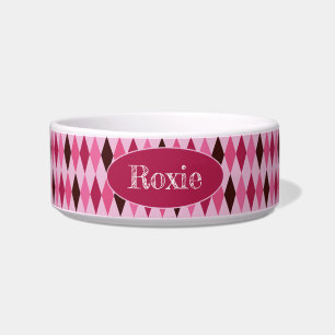 Comedero Tazón de cerámica rosa argyle para mascotas para e