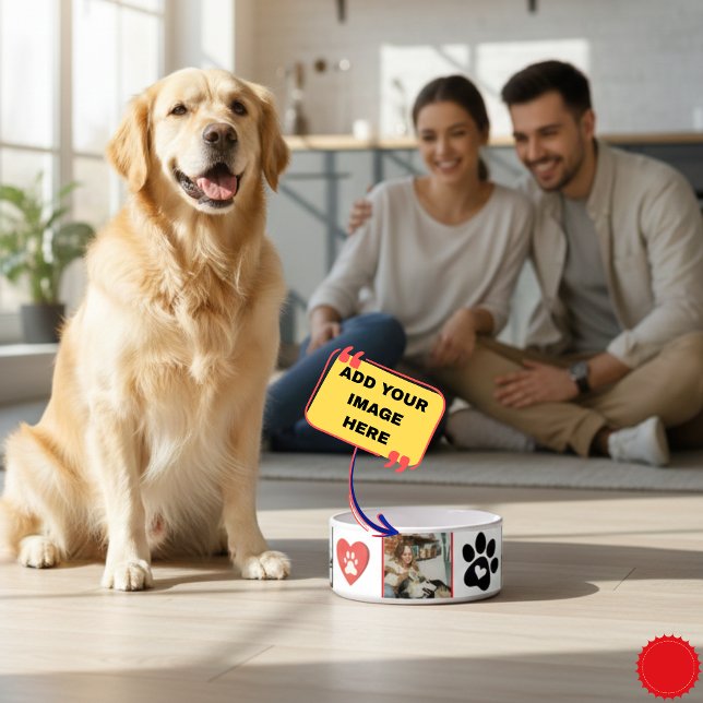 Comedero Tazón de collage de fotos de gato personalizable - (Customizable Cat Photo Collage Bowl - Red and Black Heart Paw Print Design - Personalized Pet Feedin)