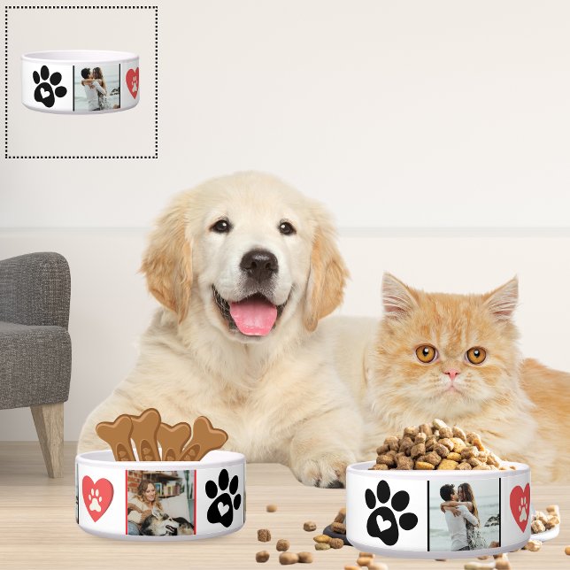 Comedero Tazón de Collage de Fotos de Gato Personalizable - (Customizable Cat Photo Collage Bowl - Red and Black Heart Paw Print Design )