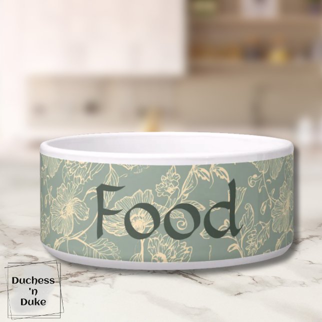Comedero Tazón de comida para perros - Botánico verde salvi (Personalized Sage Green Botanical Food Pet Bowl on marble counter top)