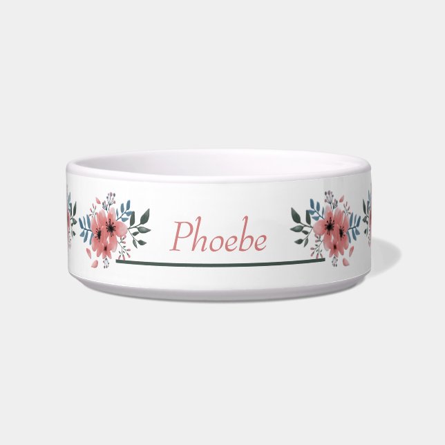 Comedero Tazón de mascota personalizada de Floral blanca ro (Frente)