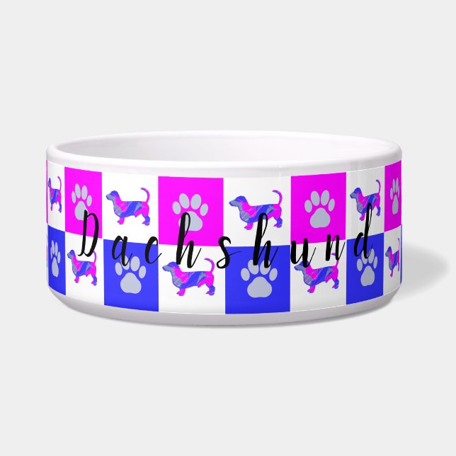 Comedero Tazón de mascotas azul y rosa caliente de Dachshun (Frente)