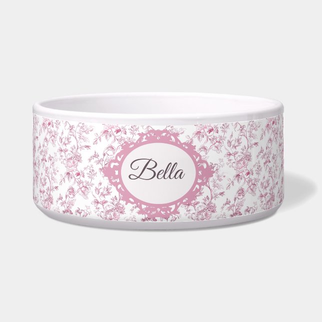 Comedero Tazón de mascotas blanco y rosa suave con floral v (Frente)