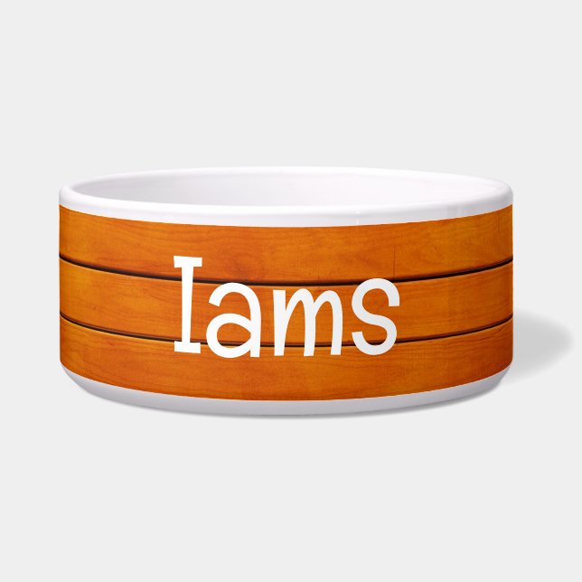 Comedero Tazón de mascotas de madera con IAMS Textos (Frente)