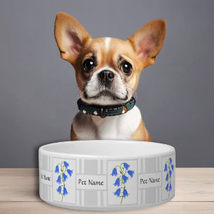 Comedero Tazón de perro blanco con campanillas azules encan
