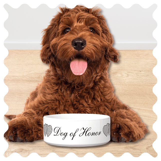 Comedero Tazón de perro Boda de honor (Cute Dog of Honor Pet Bowl. Custom Dish in Elegant Script and Modern White and Black Design)