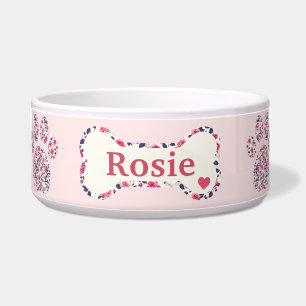 Comedero Tazón de perro floral rosa personalizado con nombr