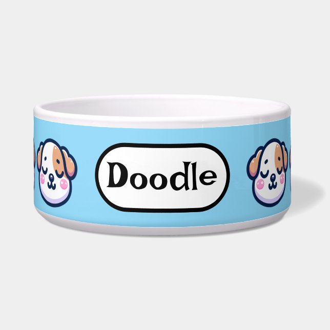 Comedero "Tazón de perro Kawaii personalizado con placa de  (Frente)