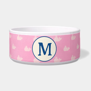 Comedero Tazón de perro monogramado de ballena rosa y blanc