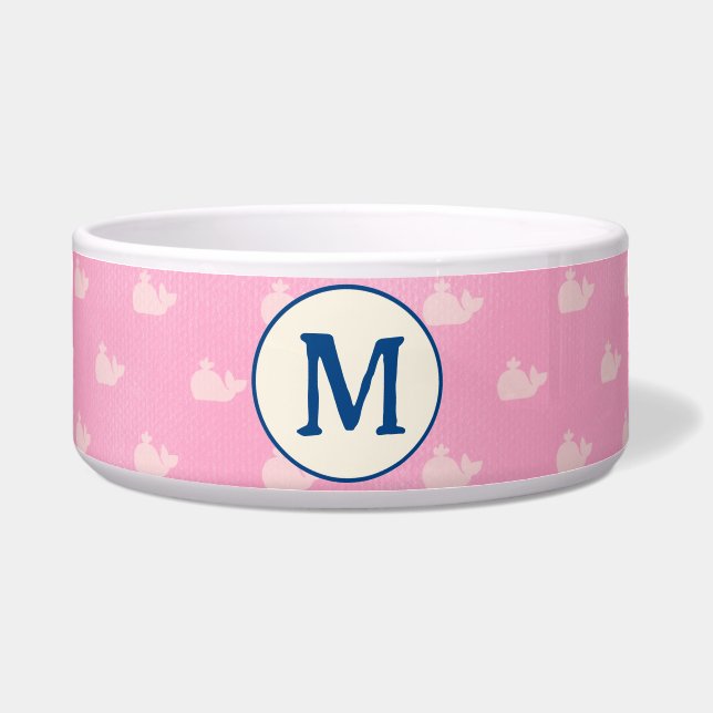Comedero Tazón de perro monogramado de ballena rosa y blanc (Frente)