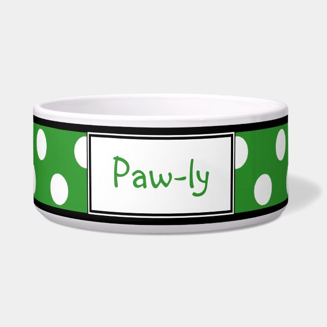Comedero Tazón de perro personalizada Polka Dot Green (Frente)
