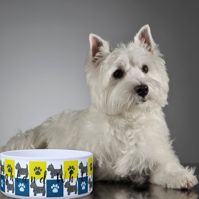 Comedero Tazón de perro y de garra amarillo y azul para per (West Highland White Terrier Westie dog bowl)