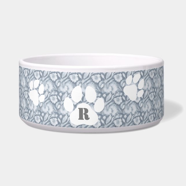 Comedero Tazón elegante de perro gris con diseño floral bla (Frente)