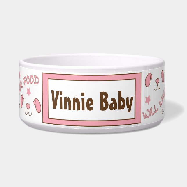 Comedero Tazón Grande Rosa para Perro "Jugaré por Comida" (Frente)