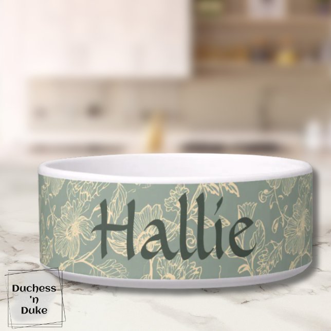 Comedero Tazón para mascotas - Botánico Verde Salvia, Perso (Personalized Sage Green Botanical Pet Bowl on marble table top)