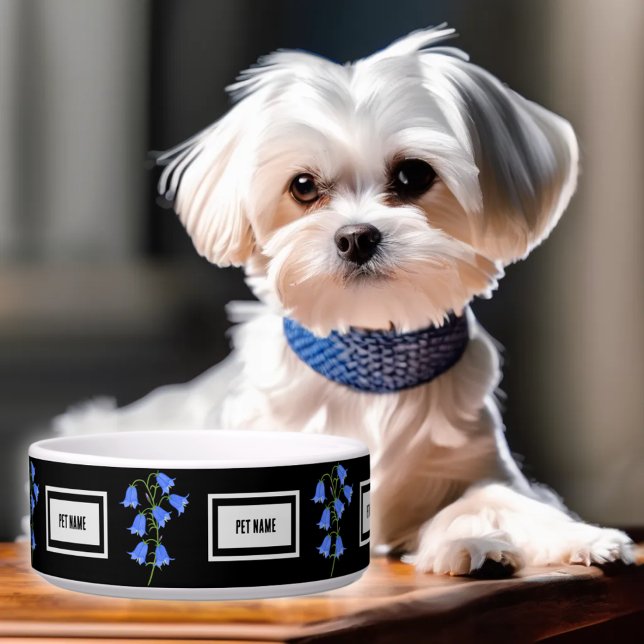 Comedero Tazón para mascotas con campanillas azules y texto (Subido por el creador)