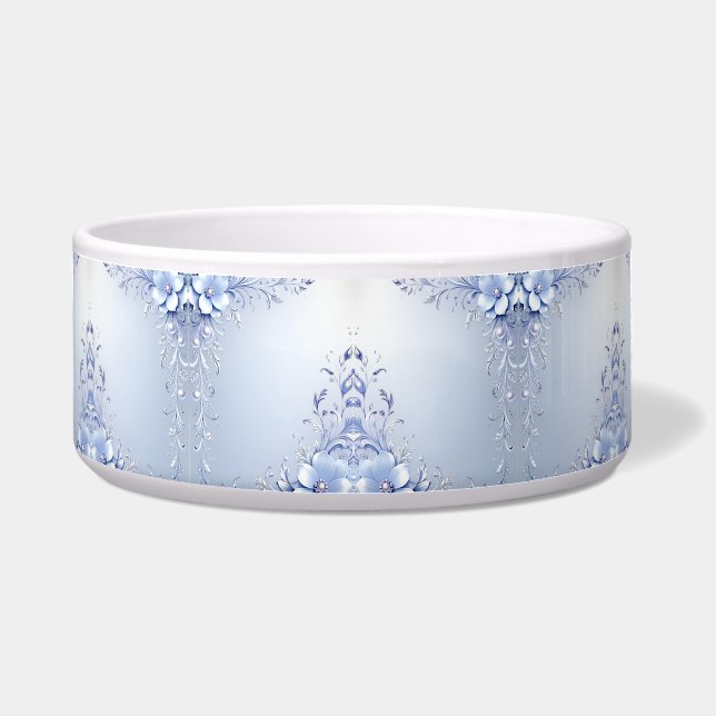 Comedero Tazón para mascotas con flores ornamentadas azules (Frente)