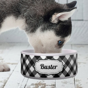 Comedero Tazón para mascotas de cuadros gingham blanco y ne