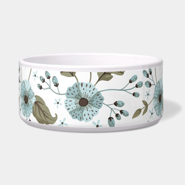 Comedero Tazón para mascotas floral azul y verde (Frente)