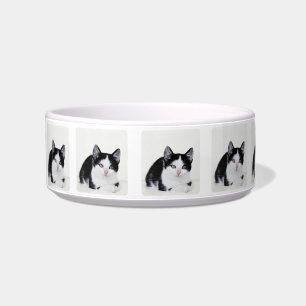 Comedero Tazón para mascotas gatito pensativo blanco y negr