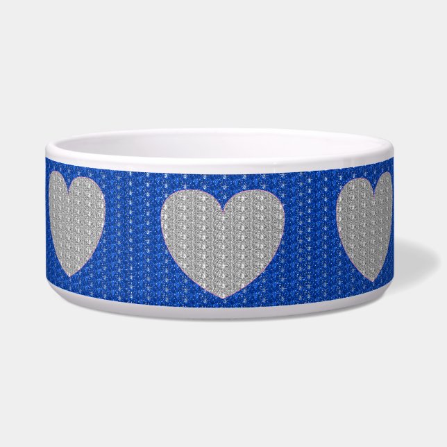 Comedero Tazón para perro azul corazón plateado brillo (Frente)