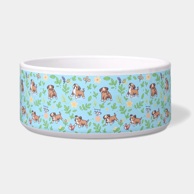 Comedero Tazón para perro Boxer diseño floral de primavera  (Frente)