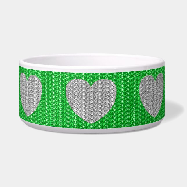 Comedero Tazón para perro brillo corazón verde plata (Frente)