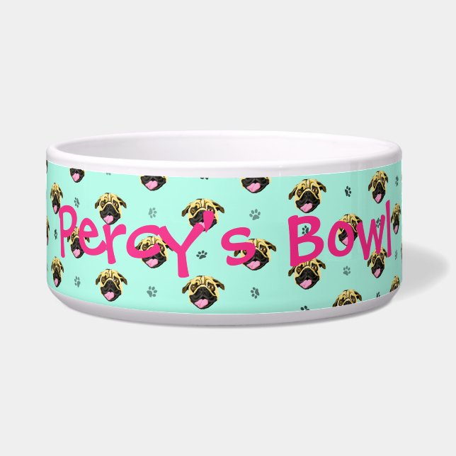 Comedero Tazón para perro con estampado de pug personalizad (Frente)