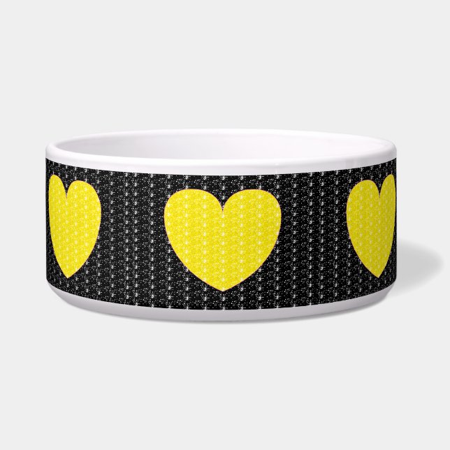 Comedero Tazón para perro negro amarillo corazón brillo (Frente)